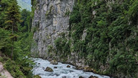 Majestic River Flowing Through Abkhazia's Lush Landscape wallpaper