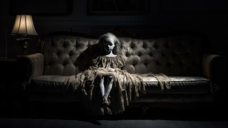 Creepy Doll on Sofa in Darkness wallpaper