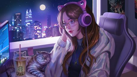 Lofi Anime Catgirl with Headphones wallpaper