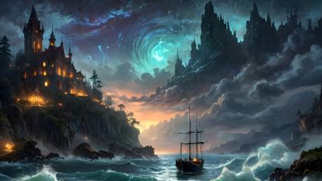 Mystical Sea Voyage to Enchanted Castles wallpaper