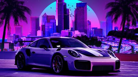 Neon Porsche 911 in Futuristic Skyline wallpaper