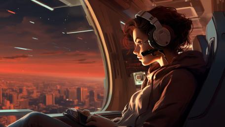 Aerial Voyager at Dusk in Sci-Fi Cityscape wallpaper