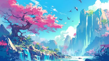 Enchanted Pink-Tree Waterfall Sanctuary wallpaper