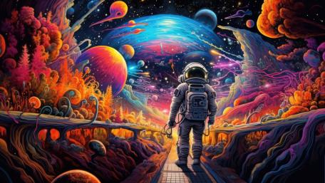 Astronaut's Fantastical Space Odyssey in Colorful Cosmos wallpaper