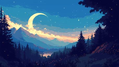 Crescent Moon Over Fantasy Mountains wallpaper