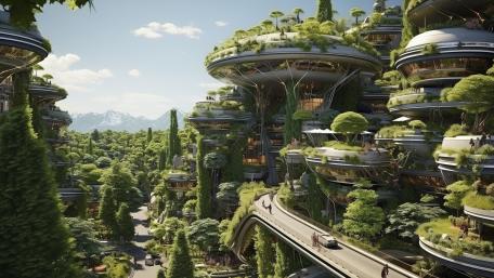 Green Oasis in Futuristic Cityscape wallpaper