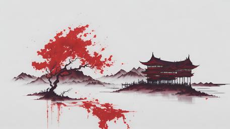 Serene Oriental Landscape with Red Tree wallpaper