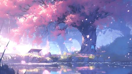 Enchanting Pink Blossom Riverside wallpaper