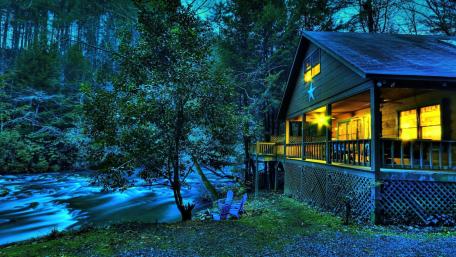 Tranquil Cottage by the Flowing River wallpaper
