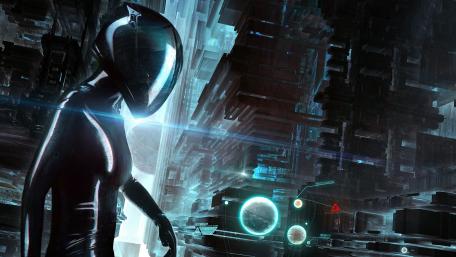 Futuristic Cyborg Girl in High-Tech Cityscape wallpaper