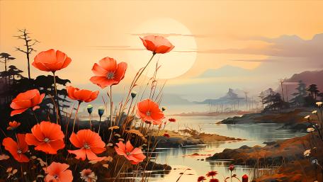 Poppies by the River at Sunset wallpaper