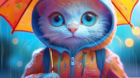 Big-Eyed Cat Under the Rainy Umbrella wallpaper