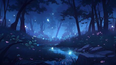 Enchanted Night Forest with Glowing Butterflies wallpaper