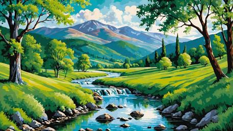 Mountain River Serenity AI Painting wallpaper