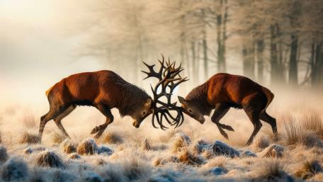 Red deer bucks engaged in a fight on an early winter morning wallpaper
