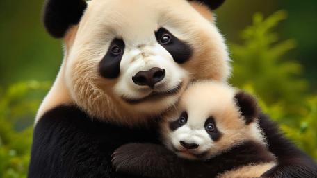 Panda bear mother cuddling her cub wallpaper