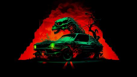 Haunted Car Amidst Fiery Skeleton wallpaper