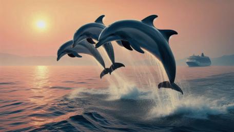 School of dolphins leaping over the waves. wallpaper