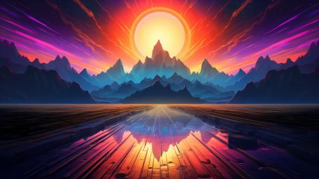Futuristic Mountain Sunset Reflections wallpaper