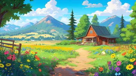 Anime Cottage in Blooming Field wallpaper