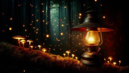 An old Chimney lamp kept in a magical forest wallpaper