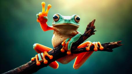 Frog on a twig making a victor sign - Victory to all frogs! wallpaper