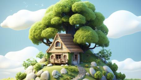 Enchanting Treehouse Cottage Fantasy wallpaper