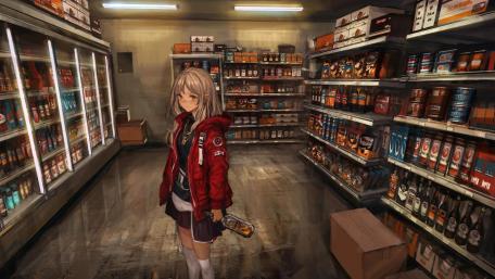 Anime Girl in a Cozy Shop Setting wallpaper