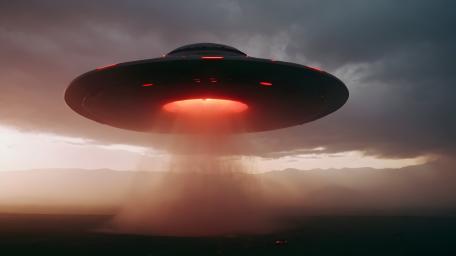 UFO Descends on Mysterious Terrain wallpaper