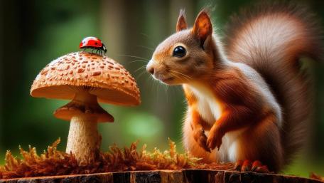 A Squirrel looking at a Ladybird on a mushroom wallpaper