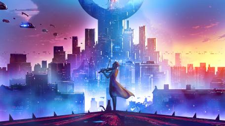 Futuristic Violinist in Neon Metropolis wallpaper
