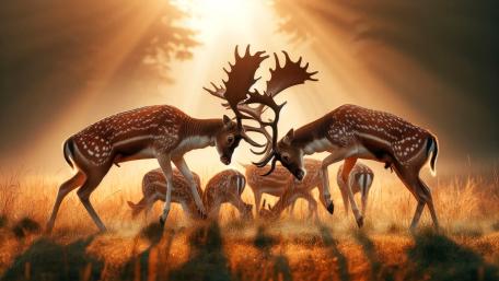 Red-spotted deer buck fighting on a morning wallpaper
