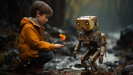 Forest Encounter with AI Robot and Boy wallpaper