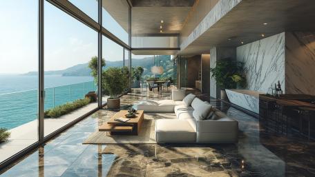 Luxurious Living Room with Ocean View wallpaper