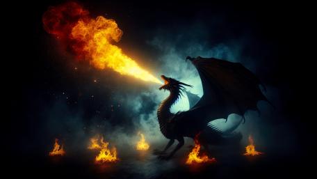 A fire-breathing Dragon breathing fire into the sky wallpaper