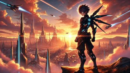 Futuristic Anime Warrior at Sunset wallpaper