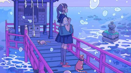 Anime Girl and Cats at the Pier wallpaper