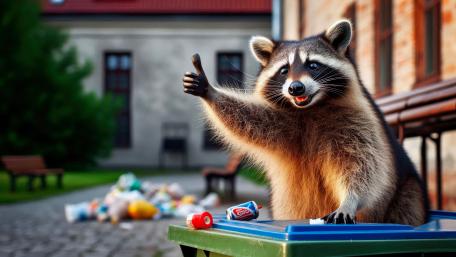 A Happy Raccoon in a bin surrounded by tasty treats. wallpaper
