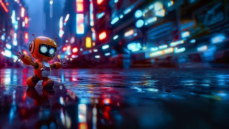 Robot in Neon-Lit Rainy Street wallpaper