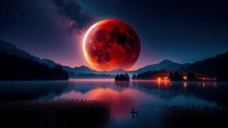 Blood moon rising over a lake wallpaper