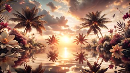 Botanical dreamscape with palm trees and sunset wallpaper