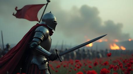 Medieval Knight in a Battlefield of Poppies wallpaper
