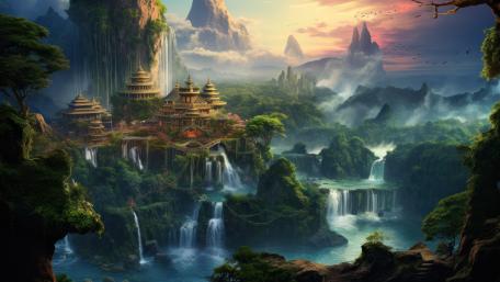 Hidden Temple in a Mystical Mountain Valley wallpaper