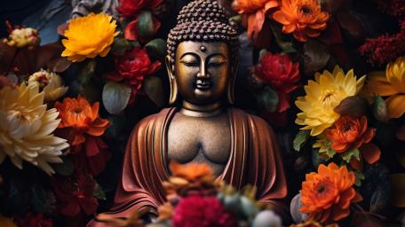 Serene Buddha Amidst Blossoming Beauty wallpaper