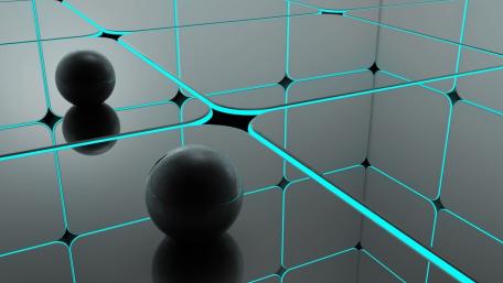 Illuminated Spheres on Reflective Mesh Surface wallpaper