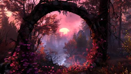 Enchanted Sunset in a Mystical Forest wallpaper
