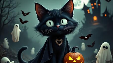 Spooky Black Cat Halloween Encounter wallpaper