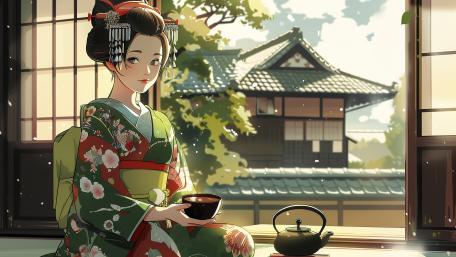 Elegant Geisha in Serene Japanese Garden Scene wallpaper