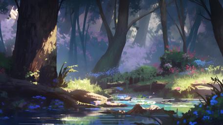 Enchanting Forest Stream in Anime Style wallpaper