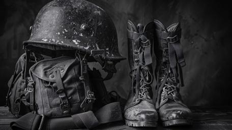 Vintage Military Gear in Monochrome Still Life wallpaper